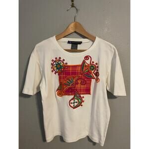 Vintage I.B. Diffusion T Shirt Women Small White Abstract Embroidered Artsy 1992